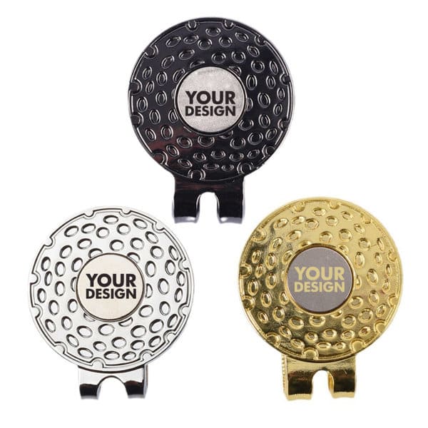 Three golf hat clips in black, silver, and gold with a circular design and a logo area for customisation. Three golf hat clips in black, silver, and gold with a circular design and a logo area for customisation.