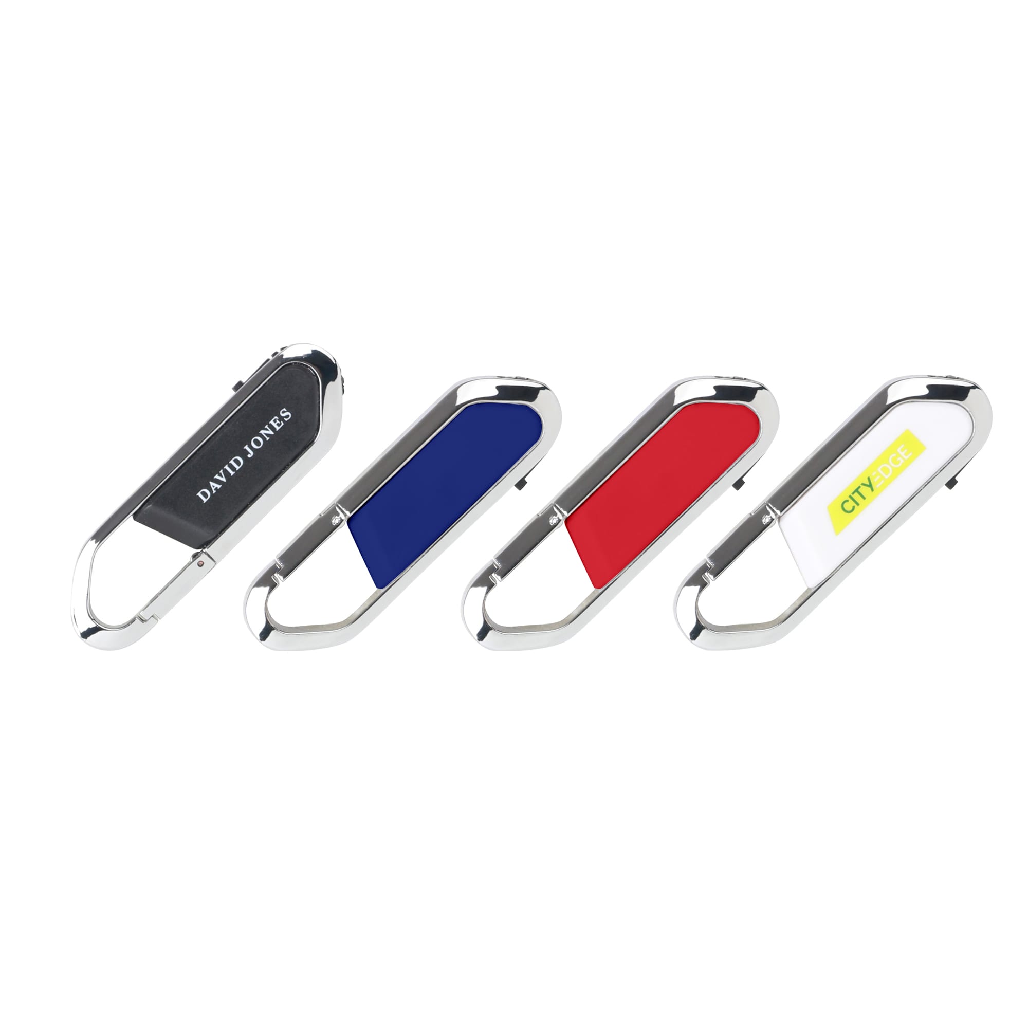 A set of four mini carabiner flash drives in black, blue, red, and white with silver accents and logos. Mini Carabiner Flash Drive - Image 1