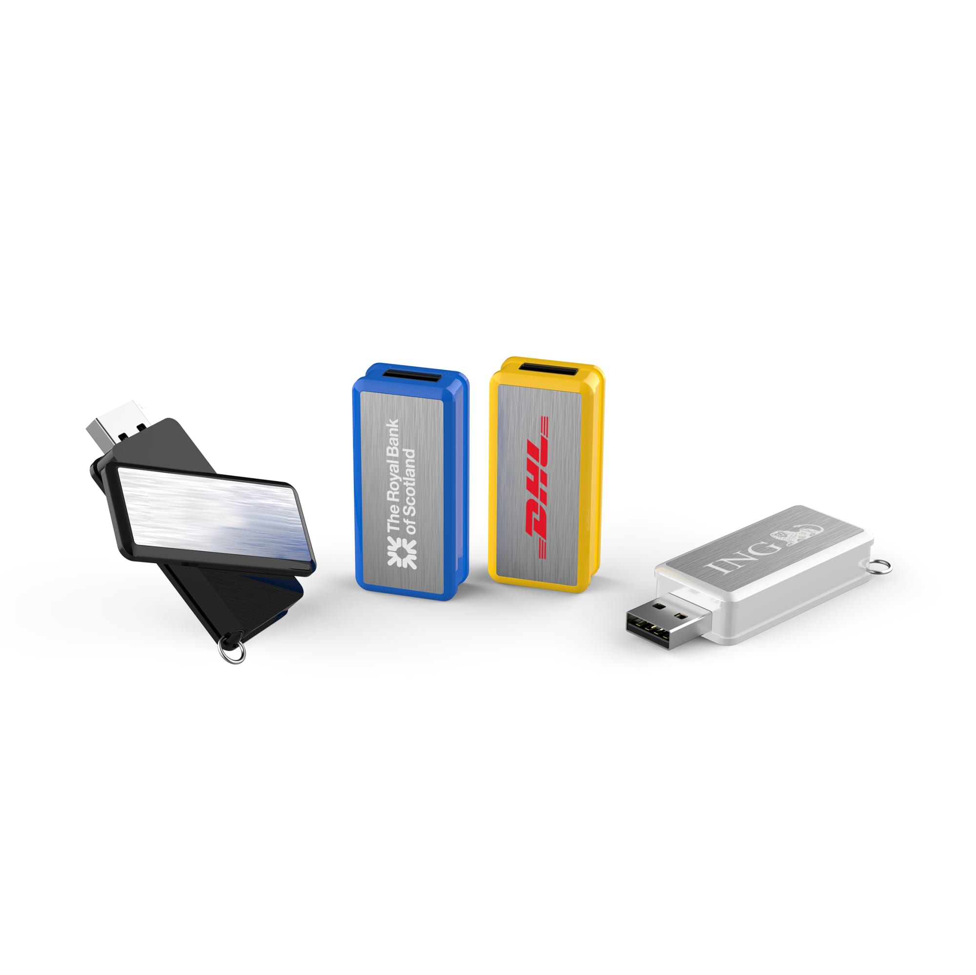 Four rotating flash drives in black, yellow, blue, and silver with different designs and logos. 360 Degree Rotating Flash Drive - Image 1