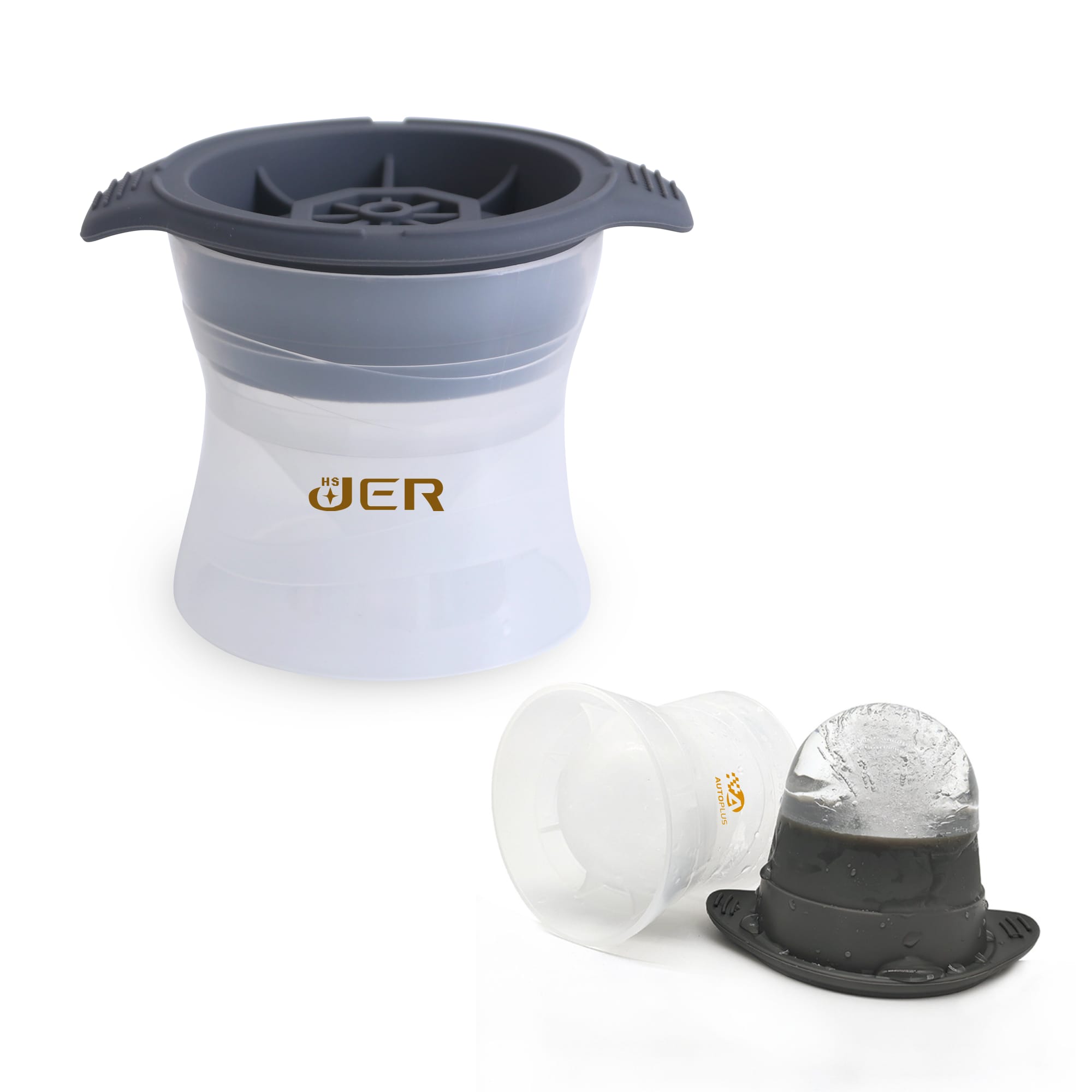 A whisky ice ball mould in grey and white, featuring a removable base and an ice sphere. Includes branding. Whisky Ice Ball Mould - Image 1