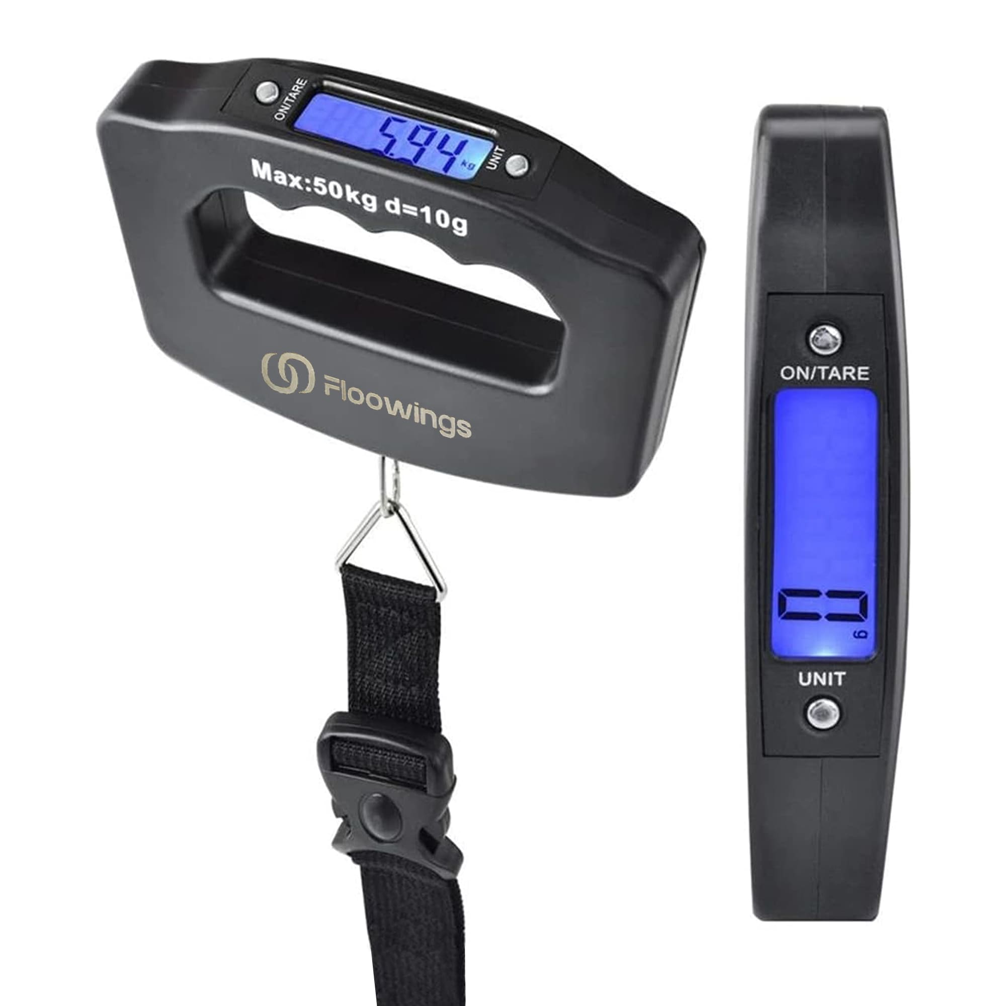 A black digital luggage scale with a handle and display, showing readings in kilograms and grams. 50kg/10g Luggage Scale - Image 1
