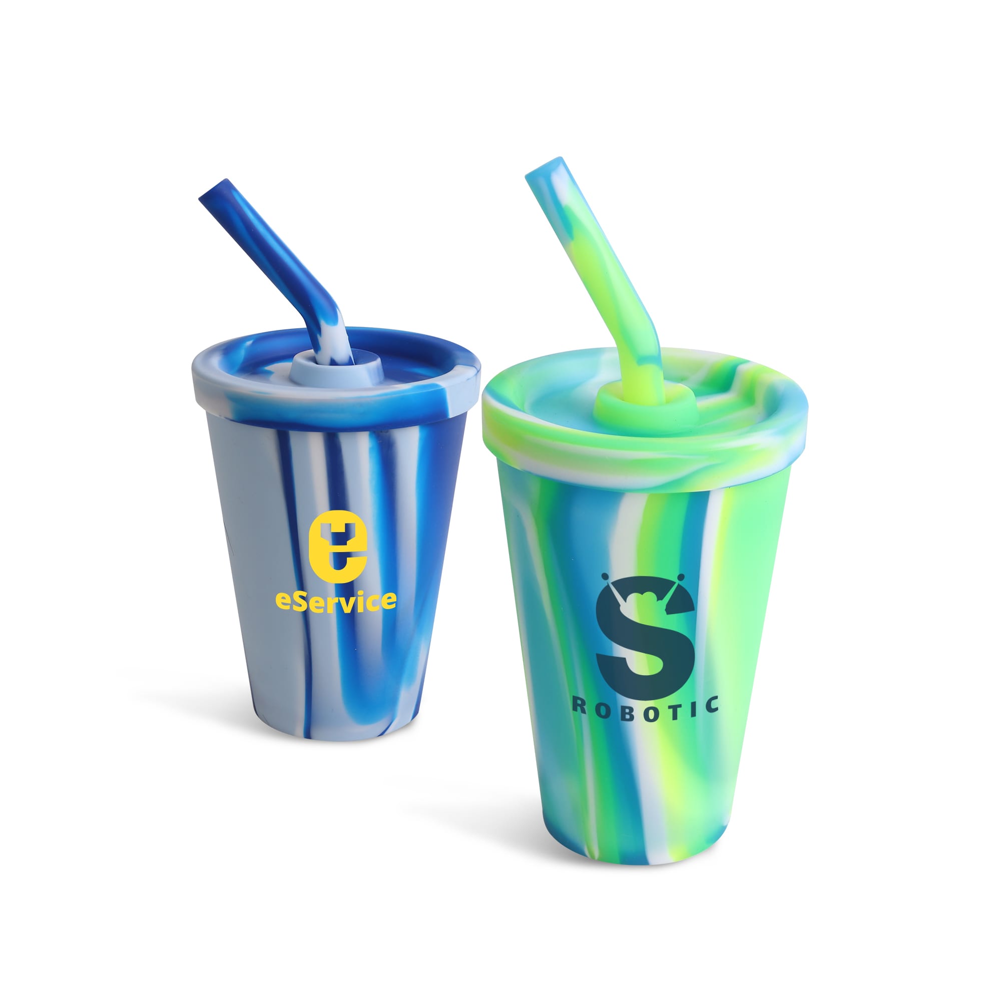 A drink bottle in blue and green swirls with a logo, featuring a matching straw and a removable lid. Custom Silicone Tumblers - Image 1