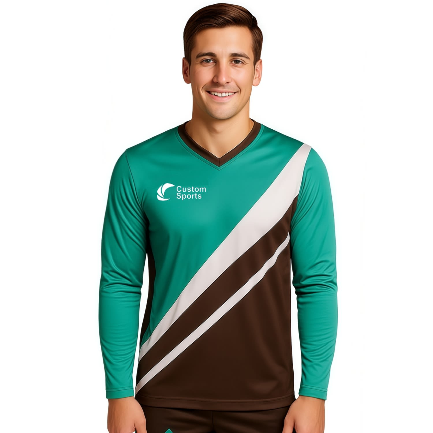 A long-sleeved football jersey in teal and brown, featuring a sleek design and a logo on the upper left side. Unisex Adults 100% Poly Milk Silk Sublimated Long Sleeves Football Jersey - Image 1
