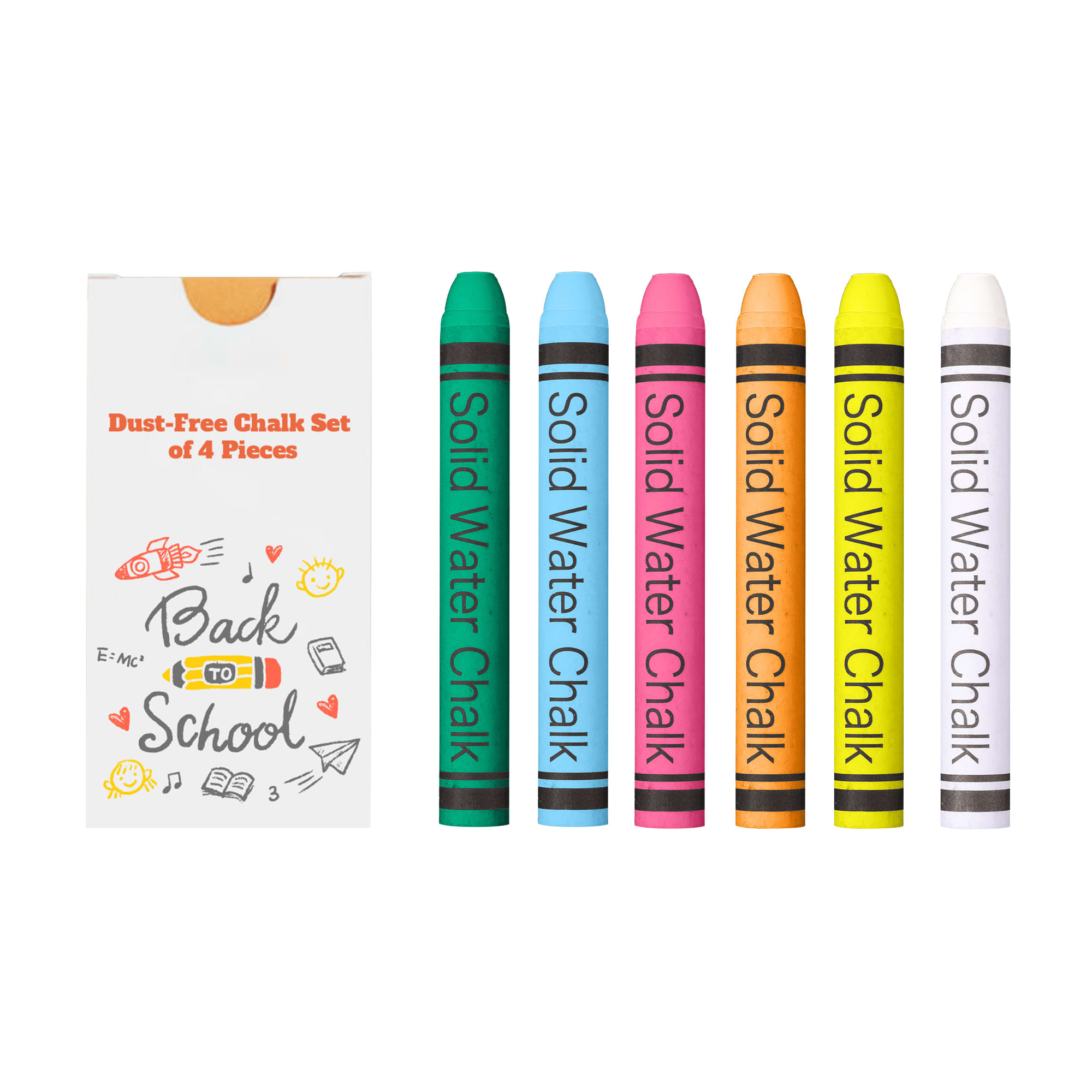A chalk set featuring four sticks in pink, yellow, white, and orange, packaged in a box with a logo. Dust-Free Chalk Set of 4 Sticks - Image 1