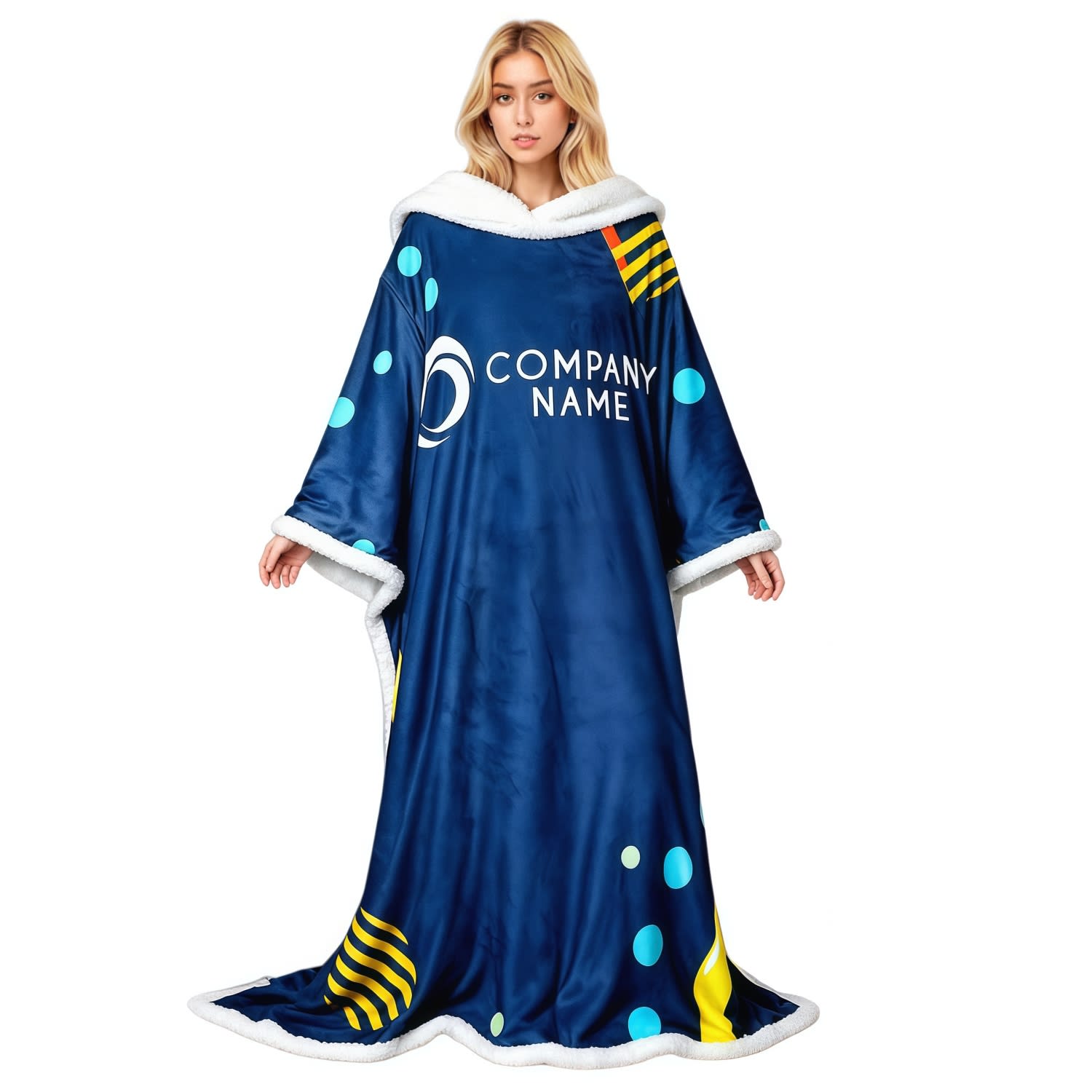 A plush, navy blue blanket with a hood, featuring colourful patterns and a logo. Ideal for comfort and warmth. Premium 100% Polyester Sublimated Front Wear Blanket - Image 1