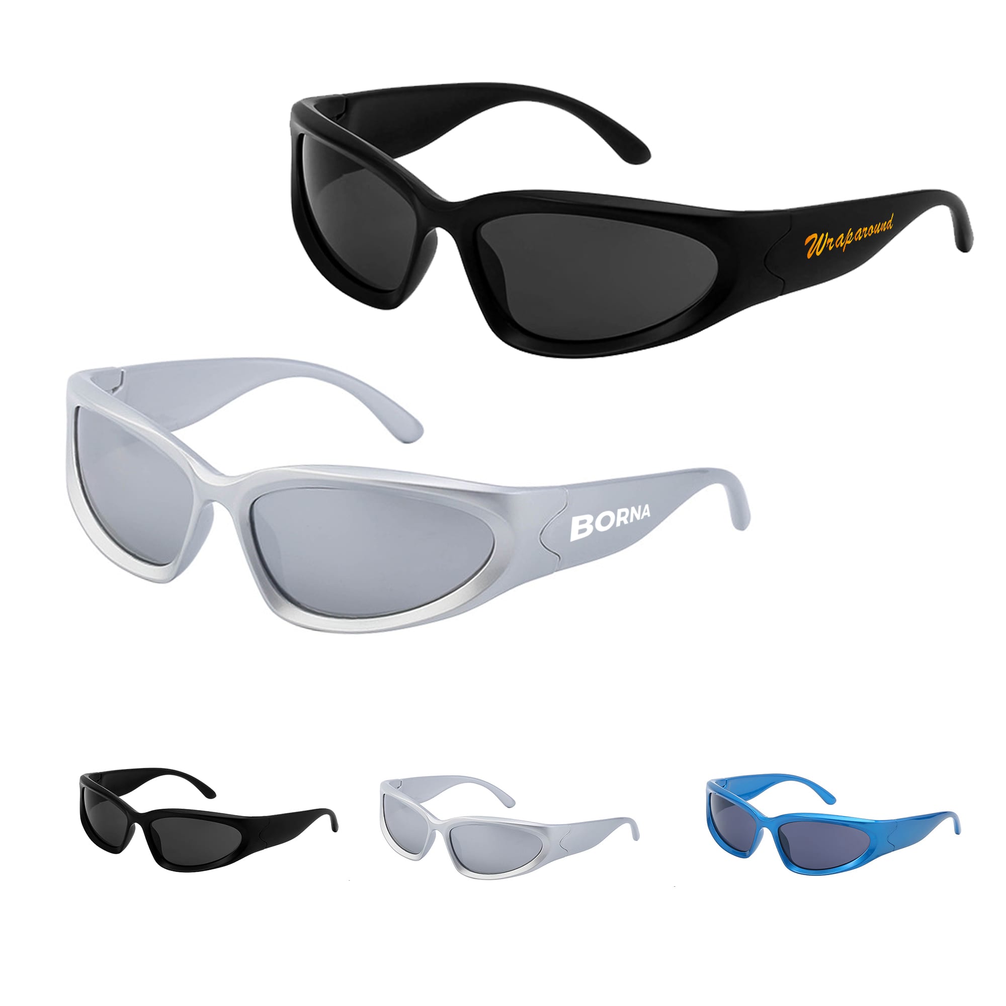 Wraparound sunglasses in black and white with tinted lenses, featuring a logo on the white pair. Wraparound Sunglasses - Image 1