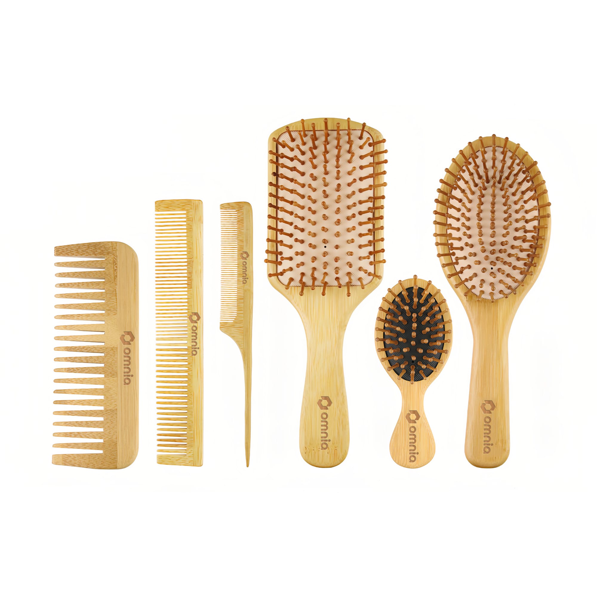 A set of bamboo combs and brushes in various sizes and styles, featuring natural wood tones and a branding logo. Bamboo Comb Hair Styling Tool - Image 1