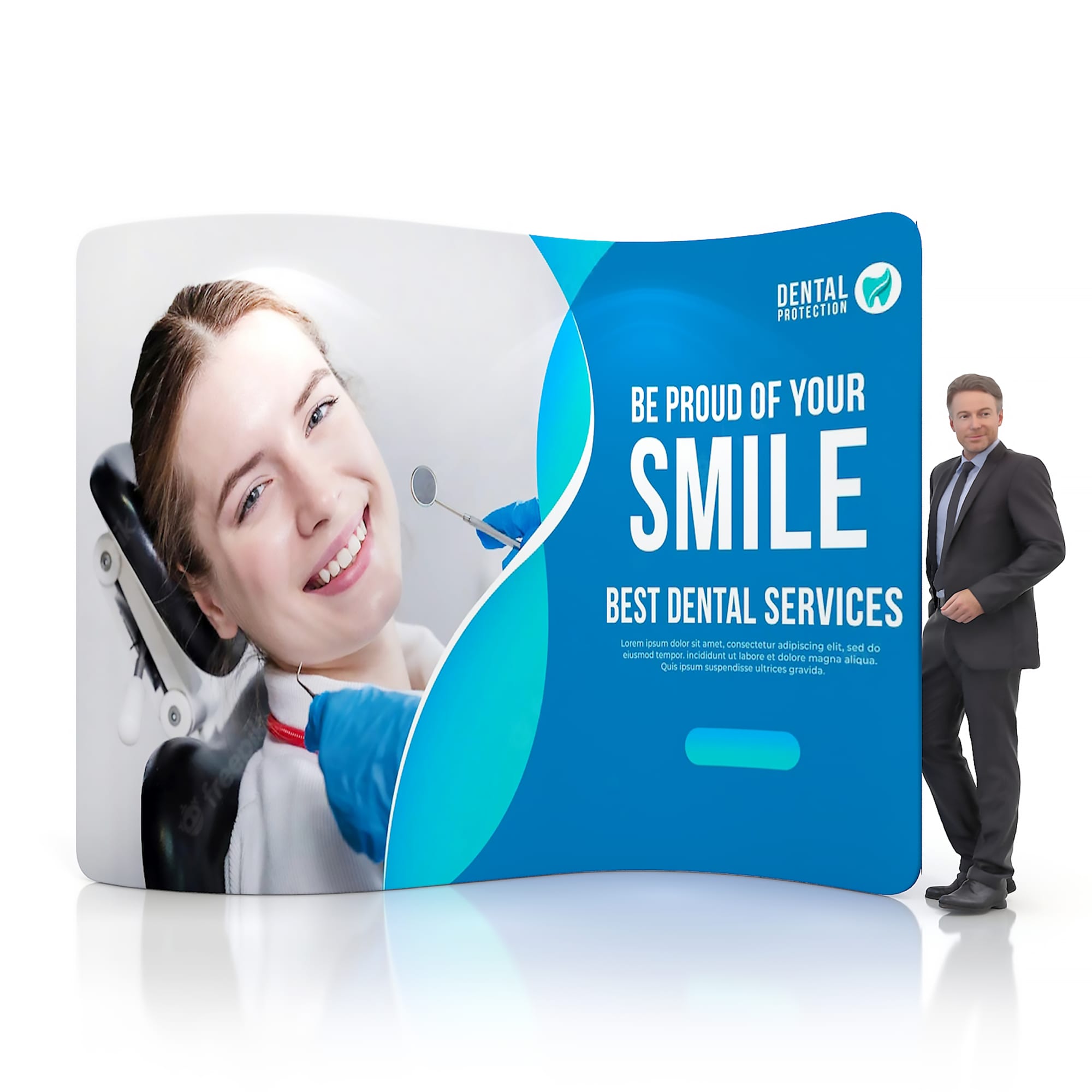 An S-shaped tension fabric display wall featuring a smiling woman in a dental chair and a man in a suit. 3m S-Shaped Tension Fabric Display Wall - Image 1