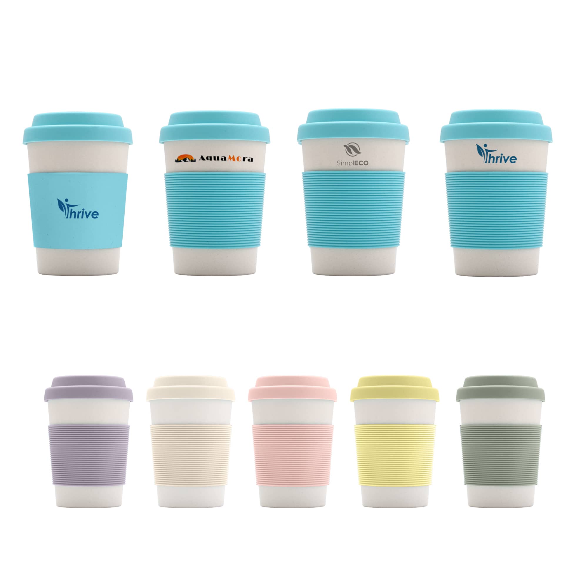 A drink cup set featuring various coloured bamboo fibre coffee cups with silicone lids and branding elements. 350ML Bamboo Fibre Coffee Cup with Silicone Lid - Image 1