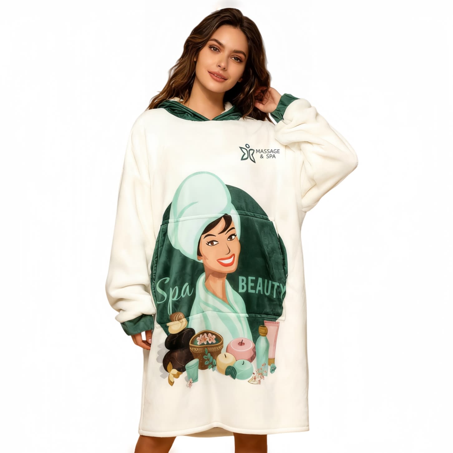 A unisex wearable blanket in white with green accents features a vintage spa-themed design and a logo. Unisex Premium 100% Polyester Sublimated Wearable Blanket - Image 1