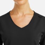 A black women's V-neck top featuring metallic detail and a stylish neckline. Includes branding on the garment.