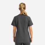 A grey women's top featuring a V-neck design and short sleeves, with a sleek modern cut and subtle metallic detail.