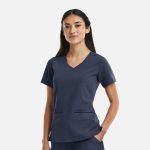 A navy women's V-neck top featuring metallic details and two front pockets, with a branding logo on the sleeve.
