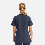 A women's short-sleeve v-neck top in navy, featuring a sleek design and a logo.
