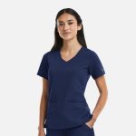 A navy blue women's v-neck top with short sleeves and pockets, featuring metallic detail and a logo.