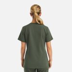 A women's green V-neck top featuring a back view, made from a smooth fabric with a fitted design.