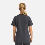 A women's curve V-neck top in grey, featuring short sleeves and a simple design. It has a logo on the back.