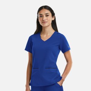 A women's blue V-neck top with a curve design and metallic detail, featuring pockets and a logo on the sleeve.