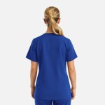 A women's blue V-neck top featuring a curved design and short sleeves, with a logo on the back.