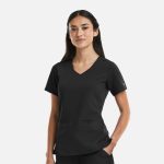 A black curved V-neck top for women with short sleeves and two front pockets, featuring a logo on one sleeve.