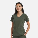 A women's curved V-neck top in olive green, featuring short sleeves and two front pockets. Includes a logo.