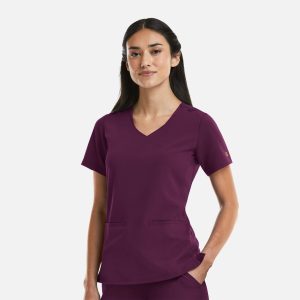 A women's curved V-neck top in a deep purple colour, featuring a logo, with short sleeves and front pockets.