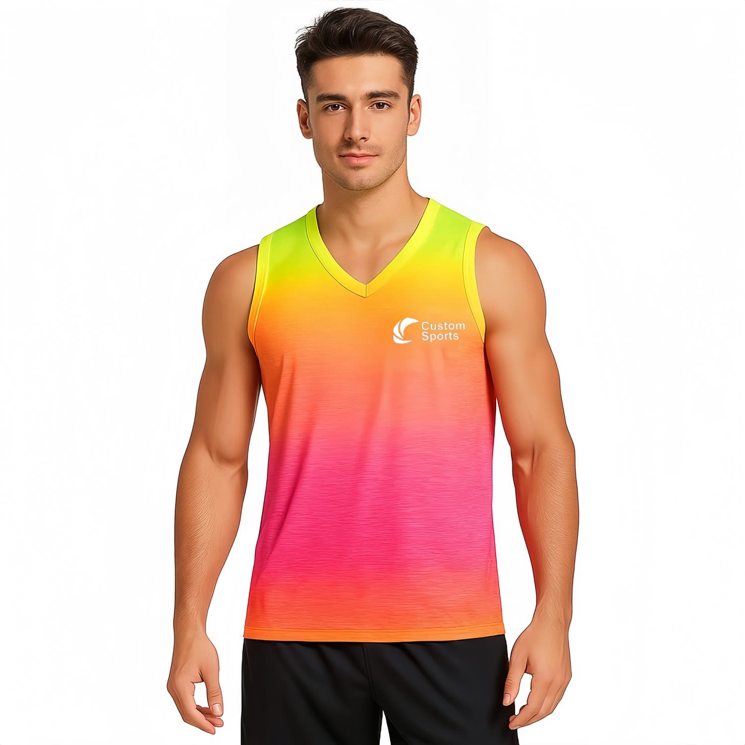A vibrant pink and yellow gradient V-neck singlet with a logo on the front. 100% polyester micro mesh material. 100% Polyester Micro Mesh Sublimated V-Neck Singlet - Image 1