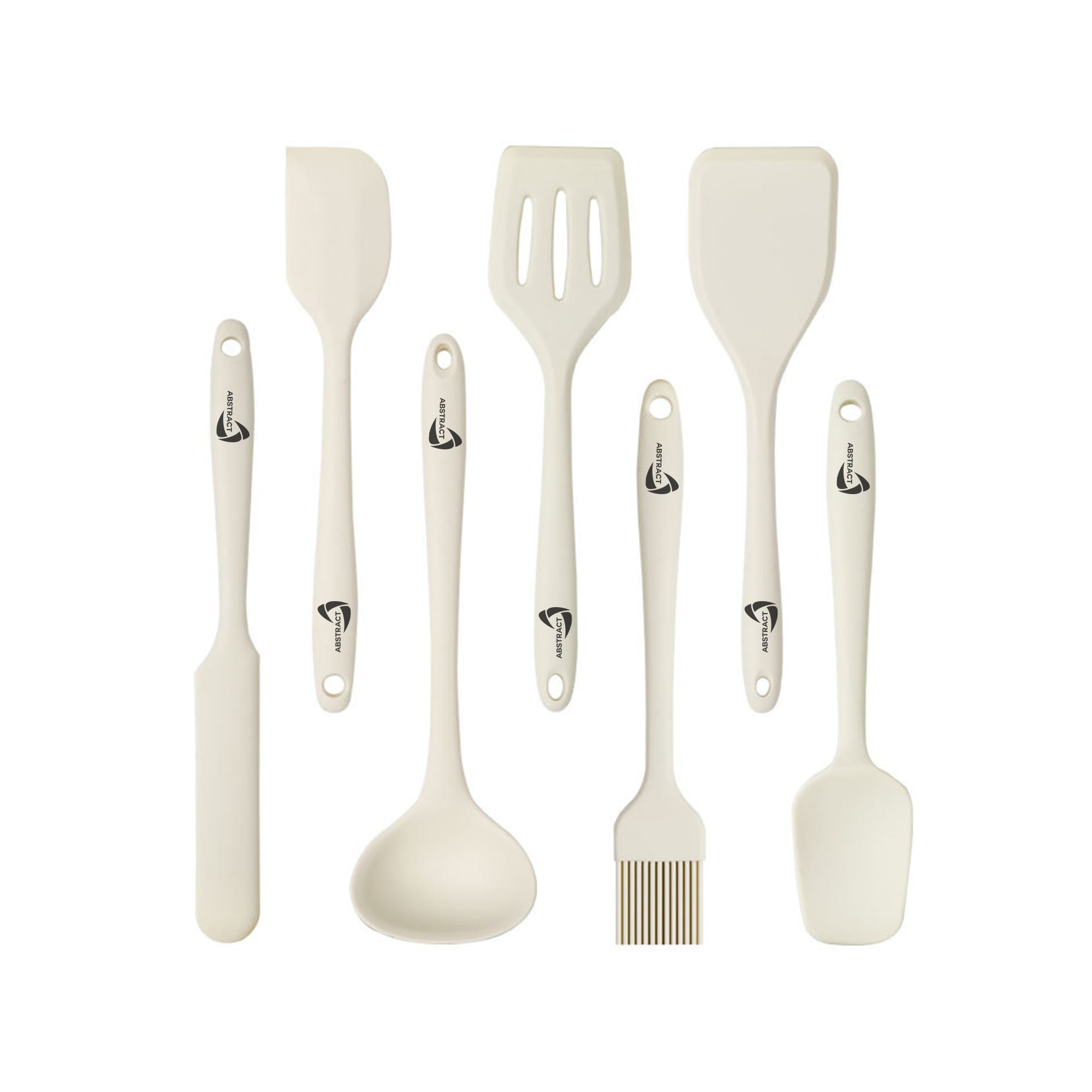 A silicone kitchenware set in cream colour includes a spatula, ladle, slotted spatula, basting brush, and other utensils. Silicone Kitchenware Set - Image 1