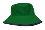 A green reversible bucket hat with a navy blue rim and a logo. Made from breathable poly twill material.