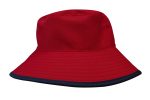 A red reversible bucket hat with a navy blue rim and a logo on the side. Breathable poly twill material.