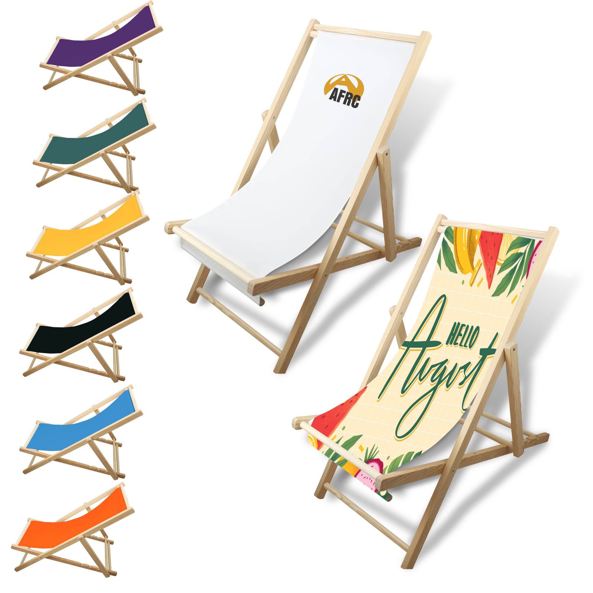 A wooden beach chair in various colours, featuring one with a vibrant design and a logo on the backrest. Wooden Beach Chair - Image 1