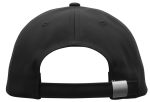A black cotton twill cap with a buckle closure and a logo on the back.