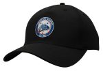 A black cotton twill cap featuring a logo and a curved brim. The cap has a buckle strap at the back.