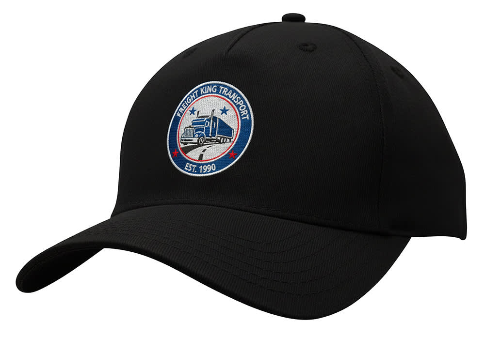 A black cotton twill cap featuring a logo and a curved brim. The cap has a buckle strap at the back. A black cotton twill cap featuring a logo and a curved brim. The cap has a buckle strap at the back.
