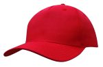 A red cotton twill cap with a buckle, featuring a curved brim and a seamless design.