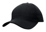 A black cotton twill cap with a curved peak and an adjustable strap at the back. It features a logo.