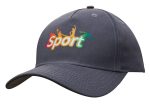 A grey cotton twill cap with a logo featuring multicoloured sports figures.