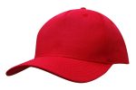 A red cotton twill cap with a rounded crown and a curved brim, featuring a logo on the front.