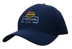 A navy cotton twill cap featuring an embroidered logo and a curved brim.