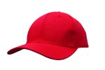 A red cotton twill cap with a structured design and a curved brim. It features a logo on the front.