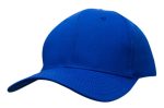 A blue cotton twill cap with a curved brim and a logo on the front.