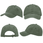 A green enzyme washed pigment dyed cotton twill cap featuring a rear adjustable strap and a branding logo.
