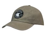 A khaki cap made from enzyme washed pigment dyed cotton twill with a circular logo on the front.