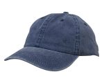 A navy blue enzyme washed cotton twill cap with a curved brim, featuring stitching details and a logo.