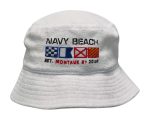 A white terry towelling bucket hat featuring decorative nautical flags and an embroidered logo.