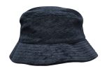 A navy blue terry towelling bucket hat featuring a textured finish and a wide brim. It has a logo on the side.