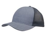 A grey cap featuring a light brushed poly cotton marle front and honeycomb mesh side panel, with a logo.
