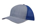 A grey cap with a blue honeycomb mesh panel, featuring a curved brim and stitched detailing. It has a logo on the front.
