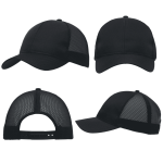 A black cap featuring breathable poly twill and honeycomb mesh, showcasing various angles of the design.
