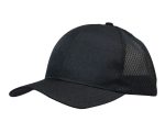 A black cap made of breathable poly twill with honeycomb mesh for ventilation. It features a logo on the side.